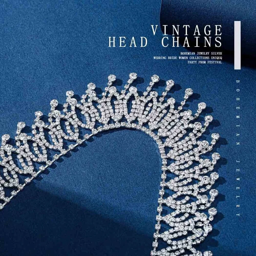 Rhinestone Head Chain Silver Boho Jewelry Wedding Bridal Hair Accessory - Picture 5 of 7